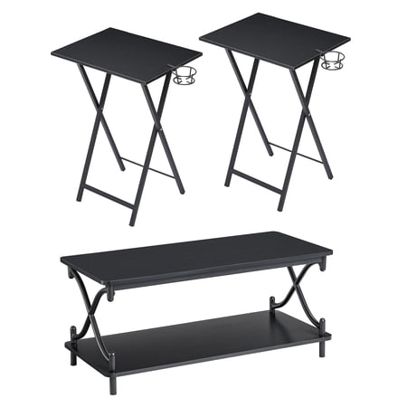 VECELO 3-Piece Coffee Table Set with 2 TV Tray Table, Modern Industrial Living Room Set, Black