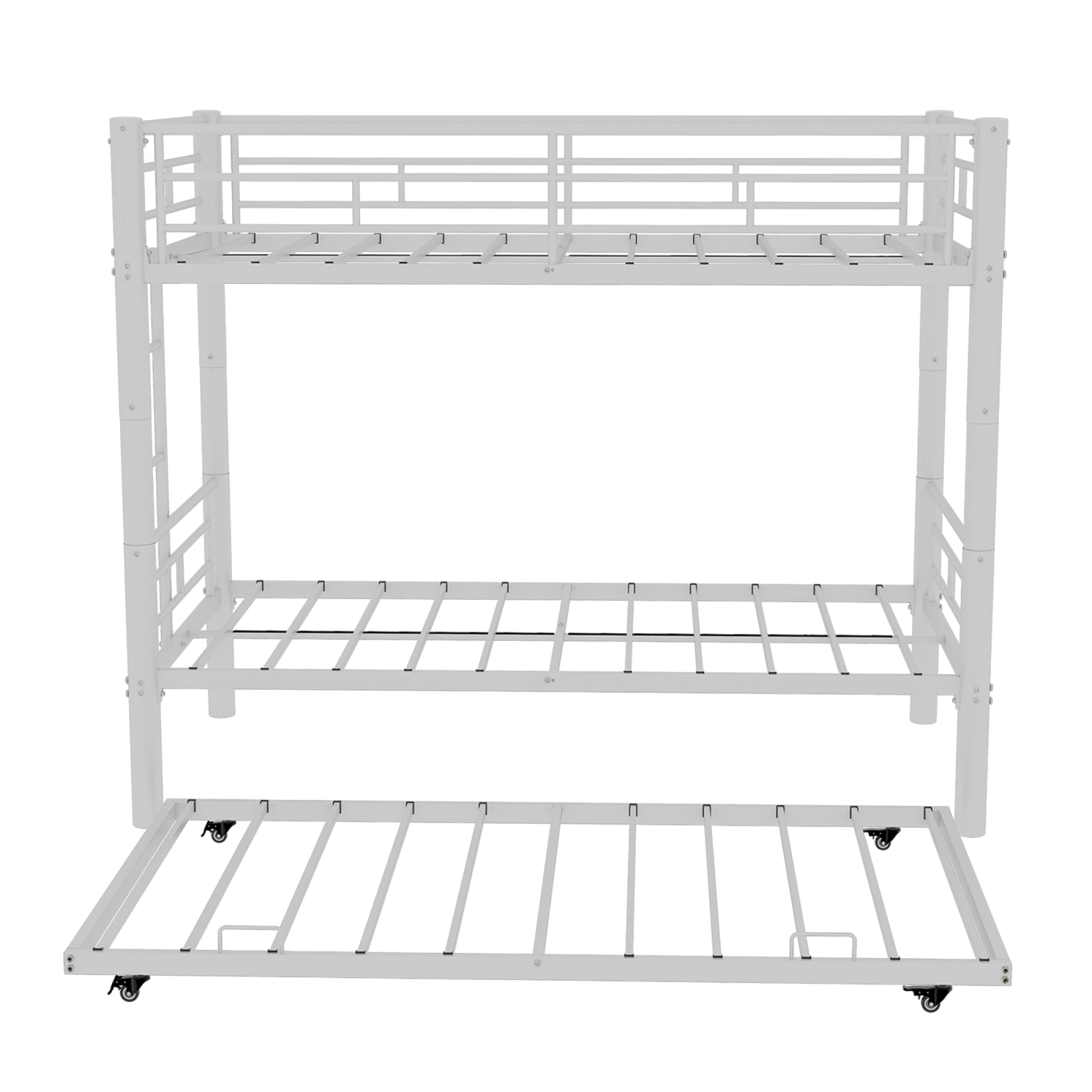 Twin over Twin Size Bunk Bed with Trundle, Heavy Duty Metal Bunk Bedframe with Ladder and Guardrails, Detachable Bunk Beds for Boys Girls
