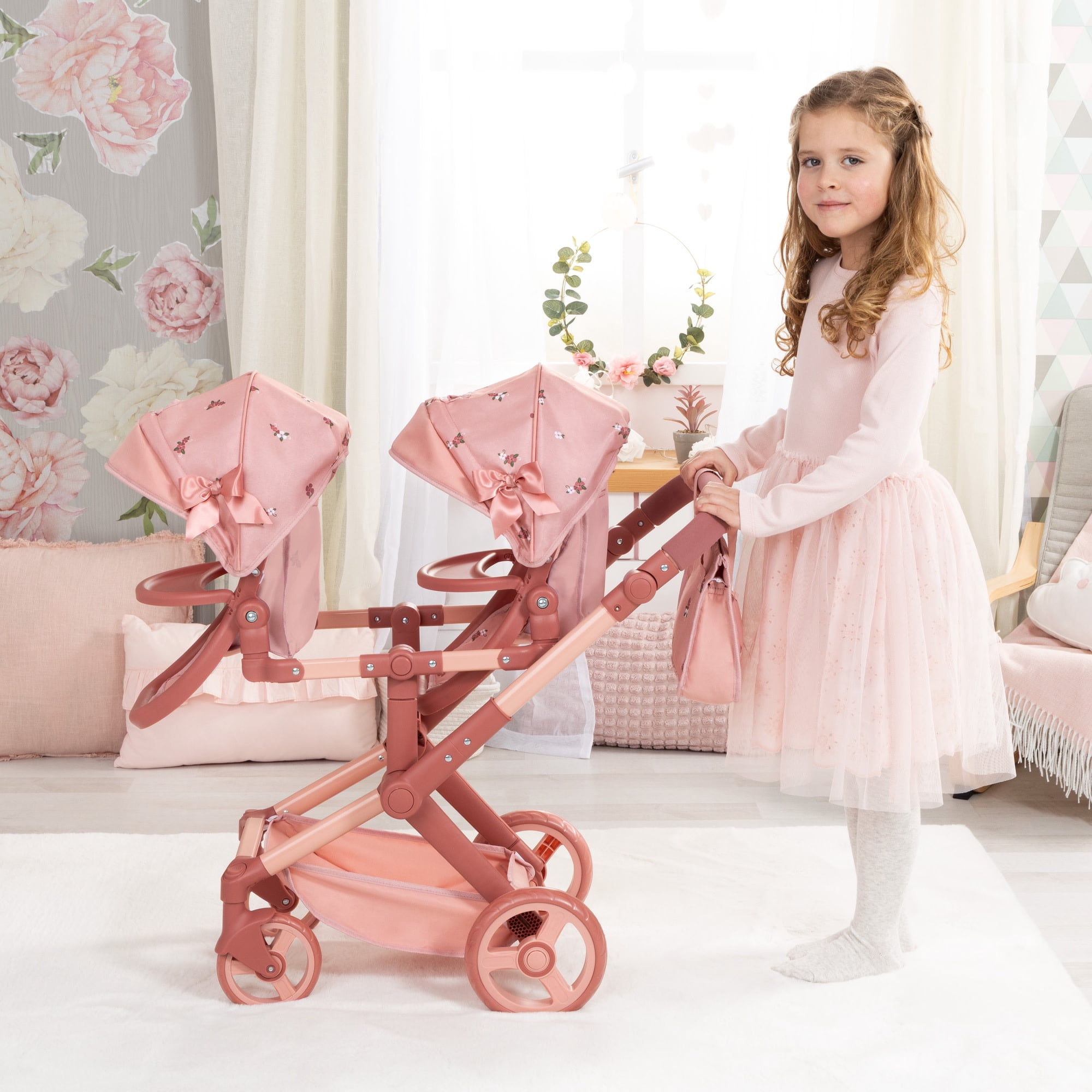 Bayer Design: Doll Pram Xeo Twin - Pink & Flowers - Play Push Stroller, 2 Adjustable Seats & Handle, Handbag, Toy Accessory Fits 18" Dolls, Kids 3+