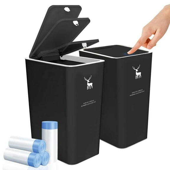 TEXIJUSO Trash Can with Lid, 2 Pack 4 Gallons/15 L Garbage Can with Press Top, Small Trash Can Dog Proof, Plastic Trash Bin, Waste Basket for Bathroom Kitchen Bedroom Office Living Room Study (Black)
