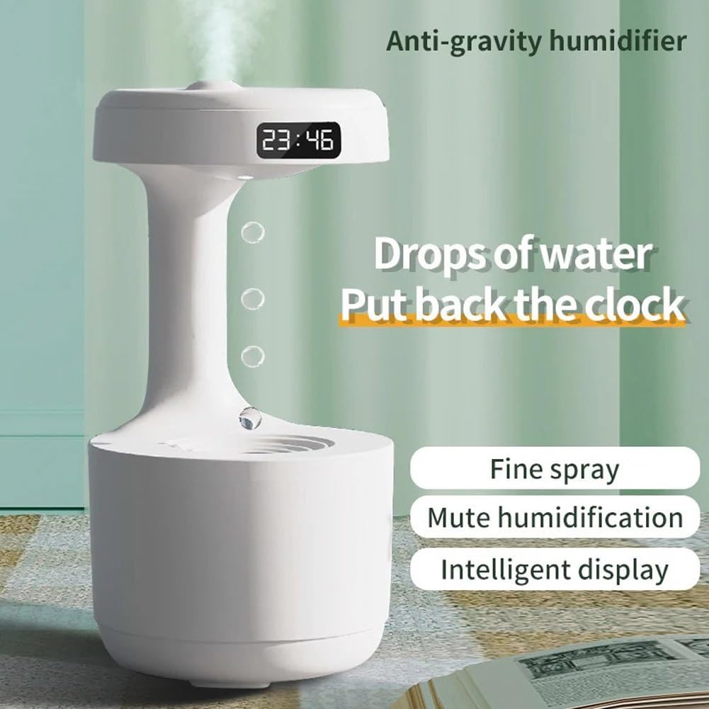 Antigravity Humidifier,Rain Humidifier Bedroom Anti Gravity Humidifiers with Clock Water Drop Backflow Aroma Diffuser Large Capacity Office Bedroom Mute Heavy Fog Household Sprayer(White)