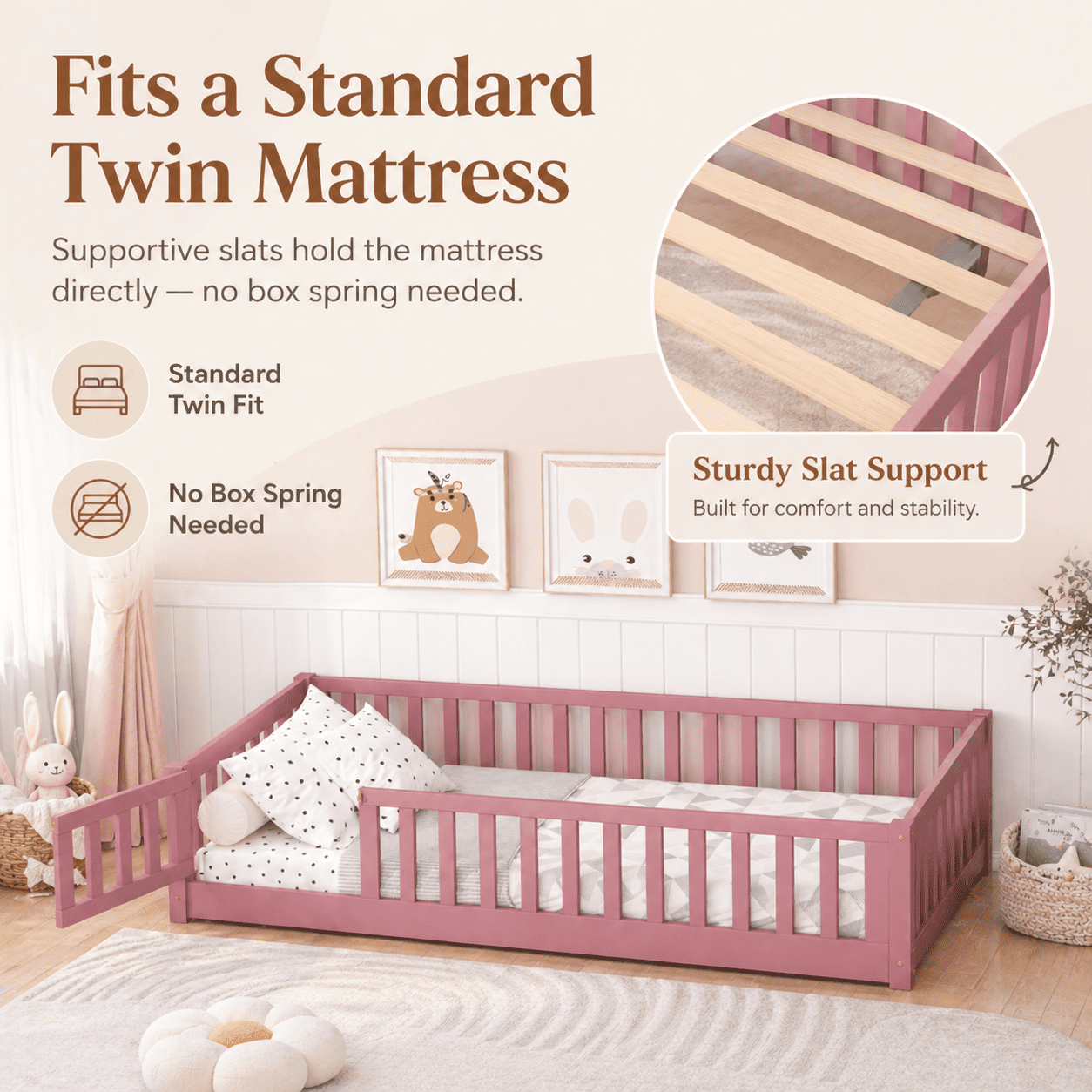 UHOMEPRO Twin Size Floor Bed with Fence and Door, Low Profile Montessori Floor Bed for Crib Transition, Solid Wood Cute Bed Frame with Slats Supports, Easy Assembly, No Box Spring Needed, Pink