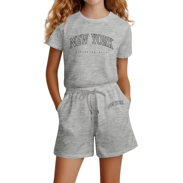NINGMENG Ensemble de Vêtements pour Filles Préadolescentes Été Imprimé Lettre Col Rond Manches Courtes T-Shirt Shorts Ample Décontracté Mode Deux Pièces, Gris, 13-14 Ans