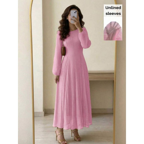 Pink High-Neck Ruched Waist Maxi Dress With Long Blouson Sleeves
