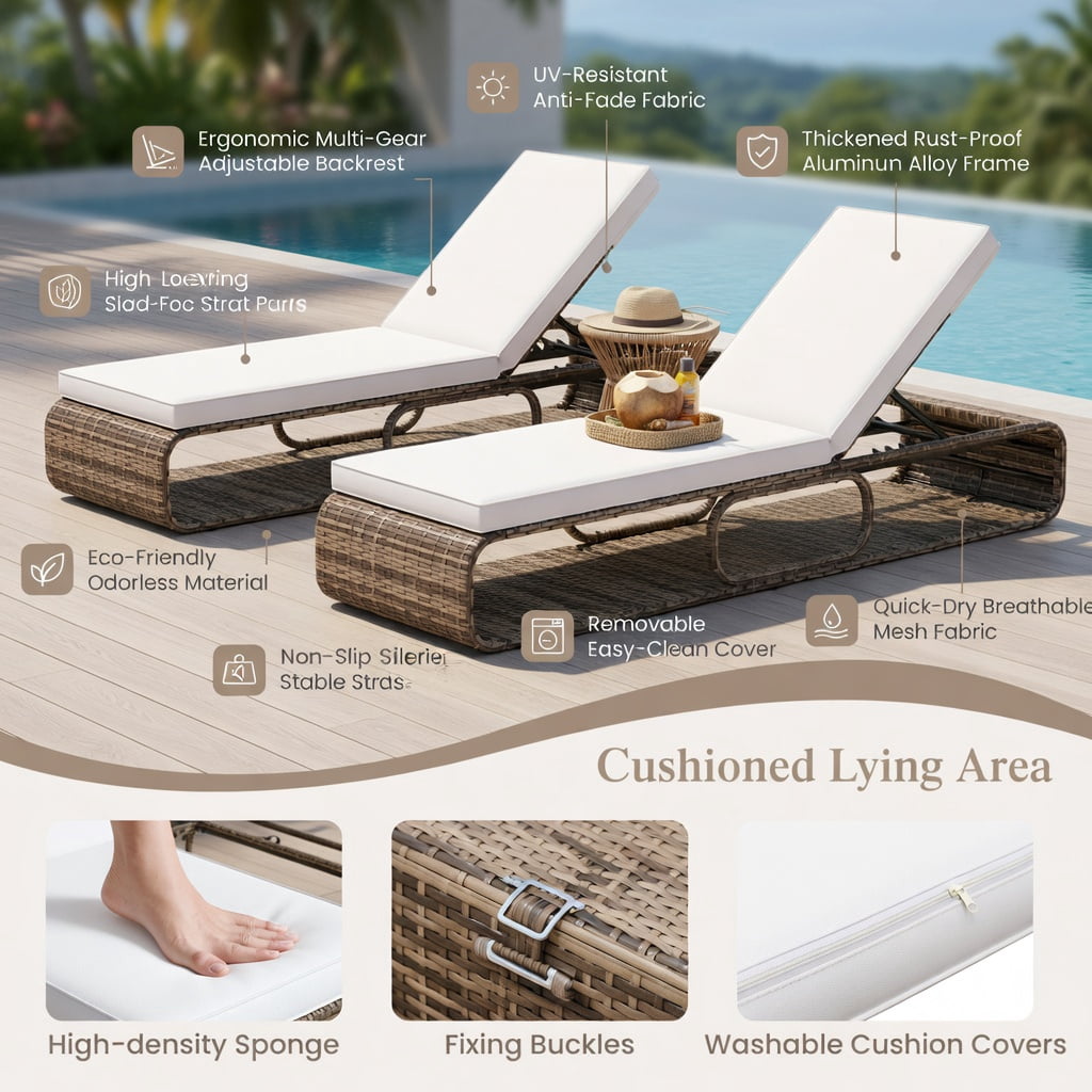 Hommoo 7-Position Adjustable PE Rattan Outdoor Chaise Lounge Chair with Removable Cushion, for Patio, Poolside & Backyard, White