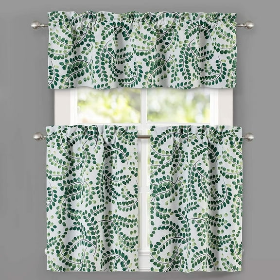DriftAway Aleena Floral Scroll Pattern Style Polyester Semi Sheer 3 Pieces Rod Pocket Kitchen Room Window Curtain Set