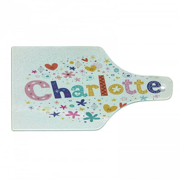 Charlotte Cutting Board, Happy Smiling Stars and Hearts Joyous Composition of Colorful Female Name Design, Tempered Glass Cutting and Serving Board, Wine Bottle Shape, Multicolor, by Ambesonne