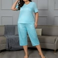 thumbnail image 4 of LEKDFST Womens Plus Size Pajama Set Short Sleeve Sleepwear Top and Plaid Capri Pjs 2 Pcs Lounge Sets with Pockets Light Blue XXL, 4 of 7