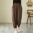 thumbnail image 4 of Wycnly Pants for Women Womens Harem Pants Vintage Cotton Linen Floral Embroidery Cropped Pants Summer Casual Elastic Waist Loose Straight Leg Crop Trousers with Pockets, 4 of 5