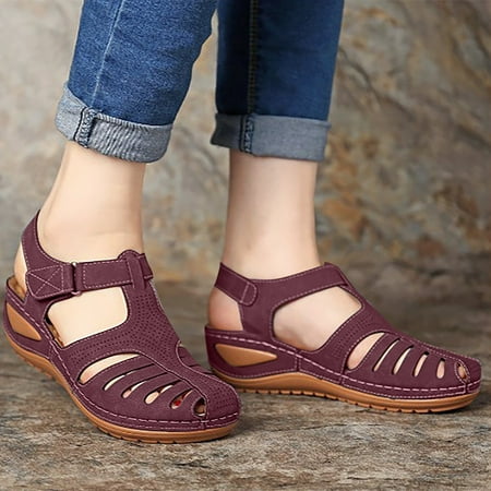 

jjayotai Women Shoes Clearance Woman Summer Fashion Casual Sandals Casual Flat Solid Color Loophole Shoes Rollbacks Wine