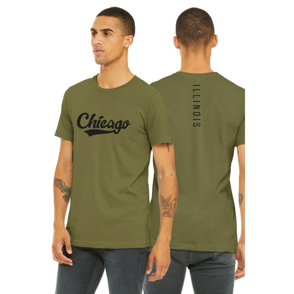 Daxton Adult Unisex Tshirt Chicago Script with Illinois Vertical on the Back, Olive Black, S