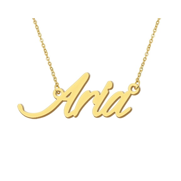 HUAN XUN 18k Gold Plated Aria Name Necklace Stainless Steel Nameplate Necklaces for Womens Mens Mother Day Christmas Jewelry Gift