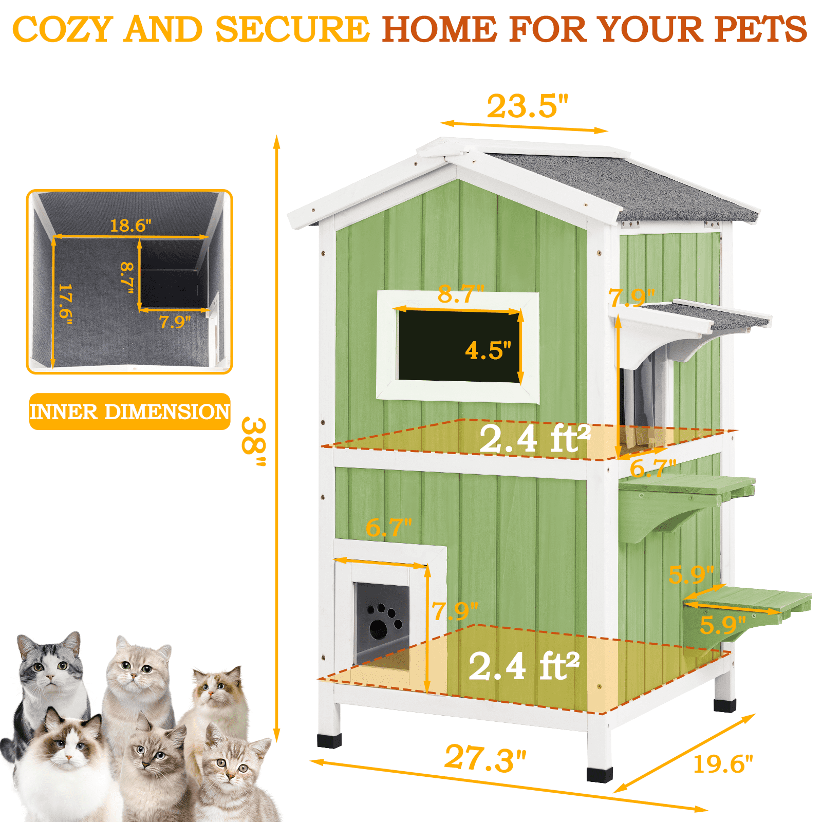 PETSCOSSET Insulated Cat House Outdoor Weatherproof All-Round Insulation Two Story Outside Wooden Feral Cat Shelter, Green