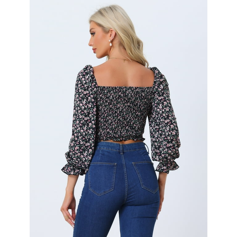 Unique Bargains Women's Smocked Floral Crop Top Square Neck Unique Bargains Women's Smocked Floral Crop Top Square Neck