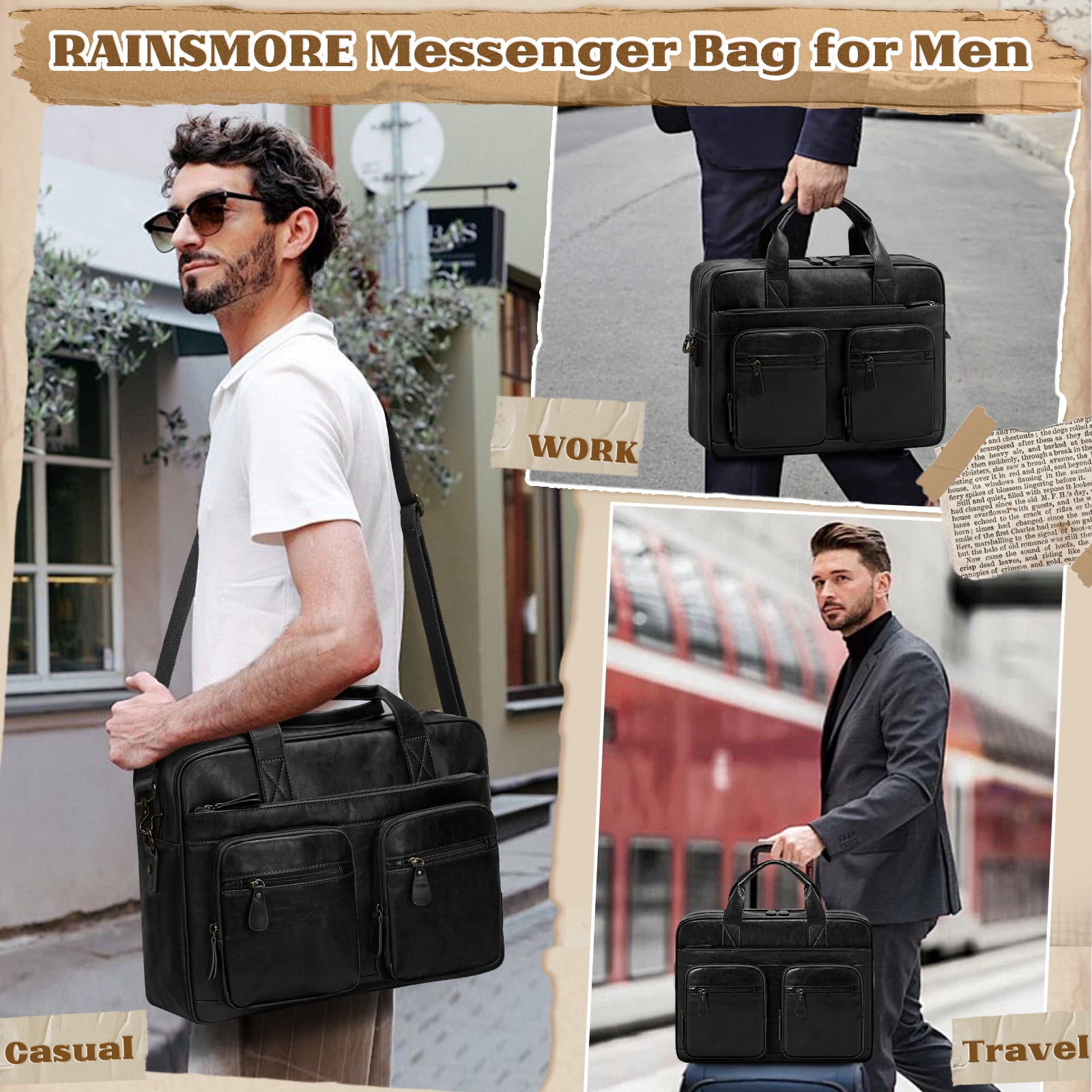 RAINSMORE Vintage Messenger Bag for Men PU Vegan Leather Computer Laptop Bag 15.6 Inch Waterproof Briefcases for Men Retro Mens Briefcase Satchel Bag for Work Office Business Travel,Black