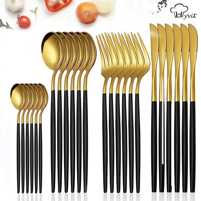 Black Gold Silverware Sets 24 Piece Forks and Spoons Dinner Knives Mirror Polished Cutlery Set Service for 6