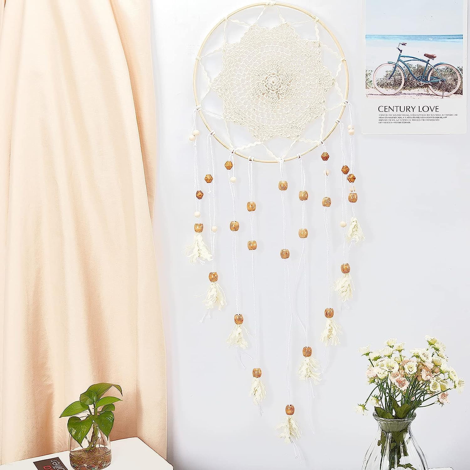 161 Pcs Wooden Beads Kits Round Barrel Bicone Wood Beads with Polypropylene Fiber Ribbons Bamboo Circle Cross Stitch Hoop Ring Cotton Lace Cup Coasters DIY Decorations Making