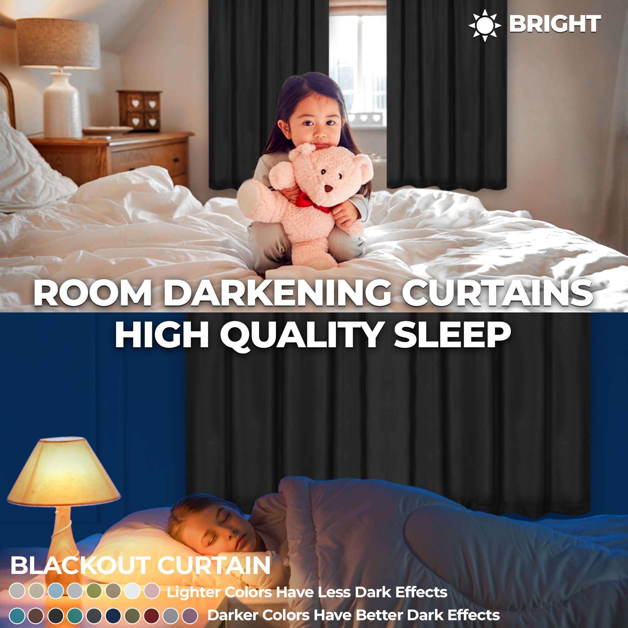 Superior Blackout Solid Light Filtering Back Tab Curtain Panel Set, 52" x 96", Black