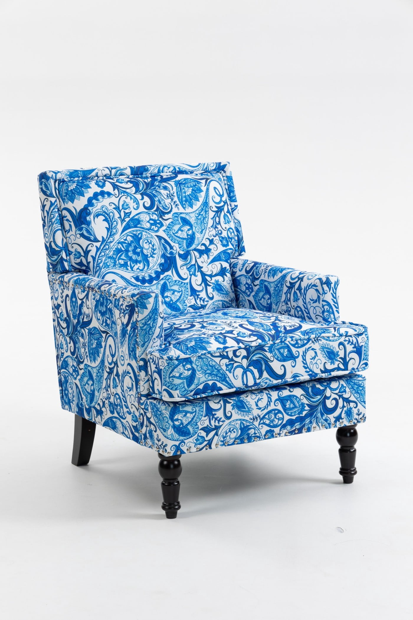 Upholstered Accent Chair with Nailhead Trim, Vintage Striped Linen Armchair, High-Density Foam Reading Chair with Solid Wood Legs for Living Room, Bedroom, Home Office, Blue & White Stripes