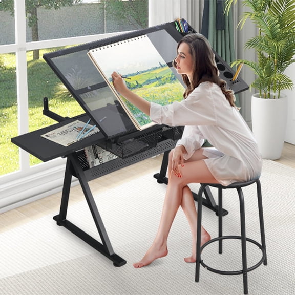 HiiKaa Tempered Glass Drafting Printing Table with Chair,Art Drawing Table with Adjustable Height Angle,2 Storage Drawers for Home Office,Black