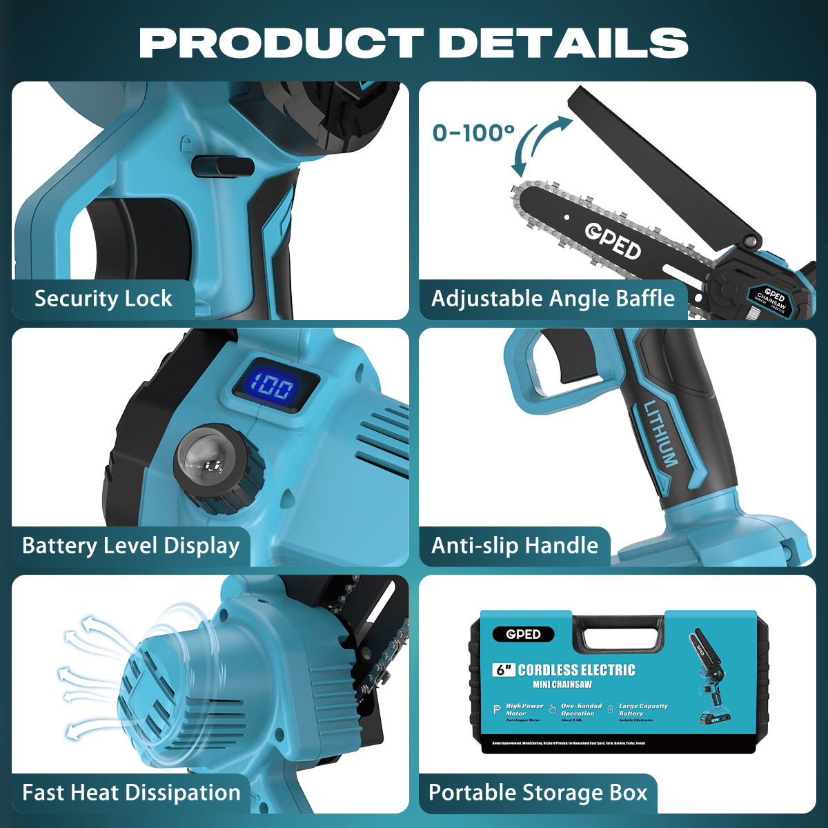 GPED Mini Chainsaw Cordless 6 inch with 2 Battery, Mini Power Chain Saw with Security Lock, Electric Chainsaw, Handheld Small Chainsaw for Tree Trimming Wood Cutting, Blue