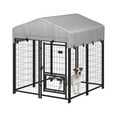 thumbnail image 2 of Outdoor Dog Kennel with Roof, Dog Kennel Outside with 2 Dog Bowls, Large Dog House Pen Dogs Run Enclosure with Secure Lock and Wateproof Sunproof Cover (4'L x 4'W x 4.6'H) Black, 2 of 7