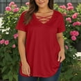 thumbnail image 4 of TQWQT Plus Size T Shirts for Women Loose Going Out Tees V Neck Criss Cross Short Sleeve Basic Plain Blouses Summer Casual Tunics Blouses Red 2XL, 4 of 4