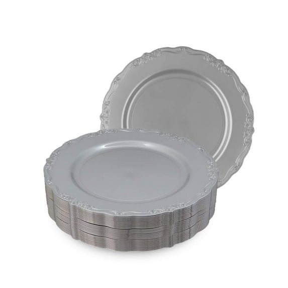 Disposable Silver Salad Plates, Vintage Party Plates, 30 Pack 7.25" Round Silver/Grey Dessert Plastic Plates, Fancy Dinnerware - Posh Setting
