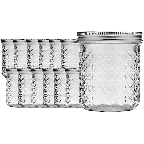 LAIBY Ball Quilted Crystal Jelly Jars (Case of 12), 8 oz glass jars with lids, Canning Lids Wide Mouth, Storage Glass Jar With Airtight Lids And Bands For Preserving, Jam, Honey and Jelly