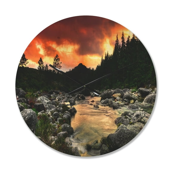 Designart 'Rocky Mountain River at Sunset Light' Modern Wood Wall Clock