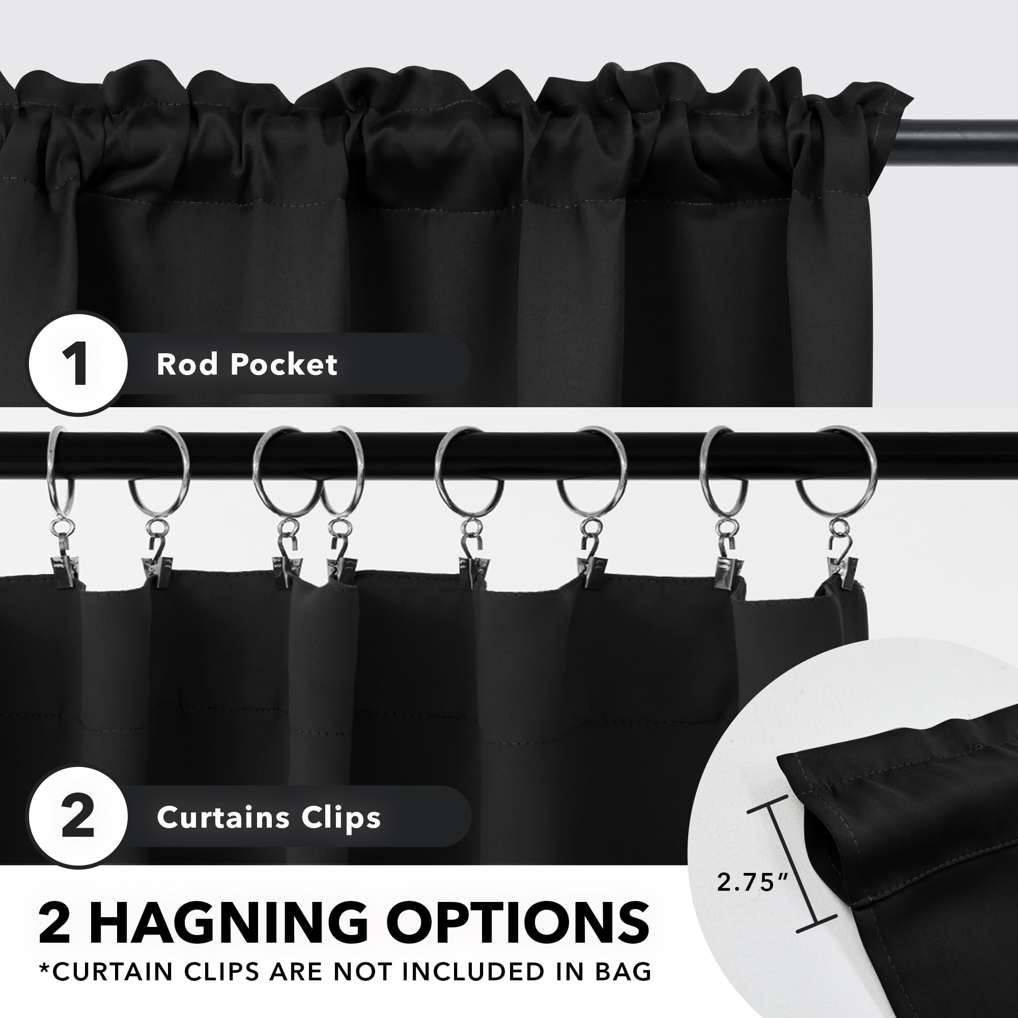 Deconovo Short Blackout Curtains for Kitchen, 2 Panels, Thermal Insulated Rod Pocket Curtain Panels, 38" x 45", Black