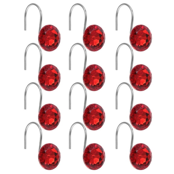 UPGRATOR 12Pcs Round Crystal Shape Shower Curtain Hooks Red Acrylic Iron for Bathroom Decor Simple and Elegant Style