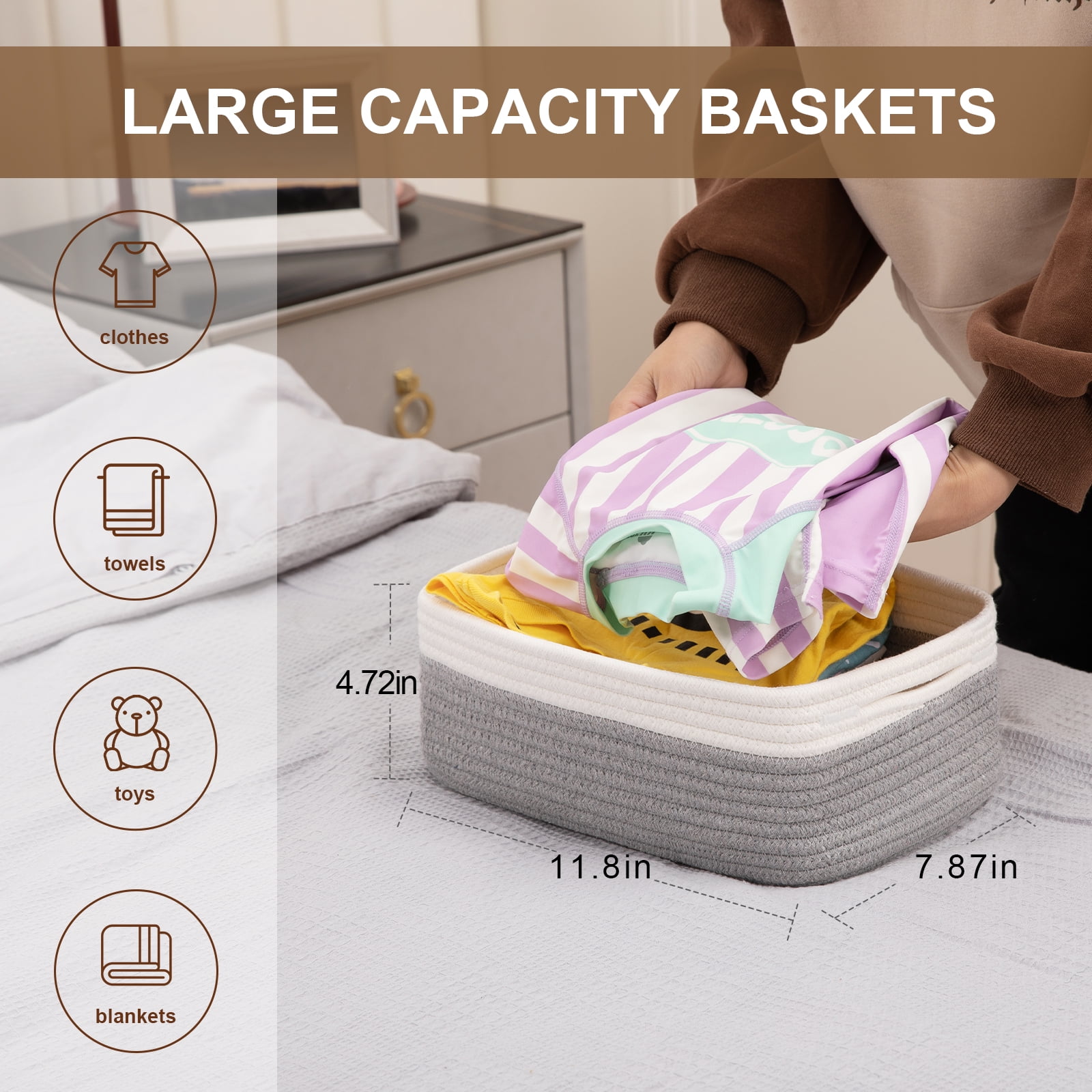 CHERISHGARD 4 Pack Woven Storage Baskets ，Cotton Rope Basket for Toy，Book and Blankets