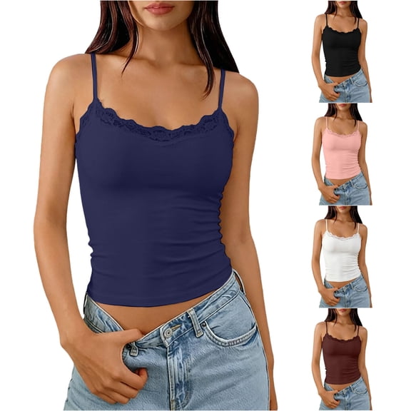 Women’s Built in Bra Camisole with Lace Trim Shelved Cups Double Layer Adjustable Straps Everyday Layering Tank