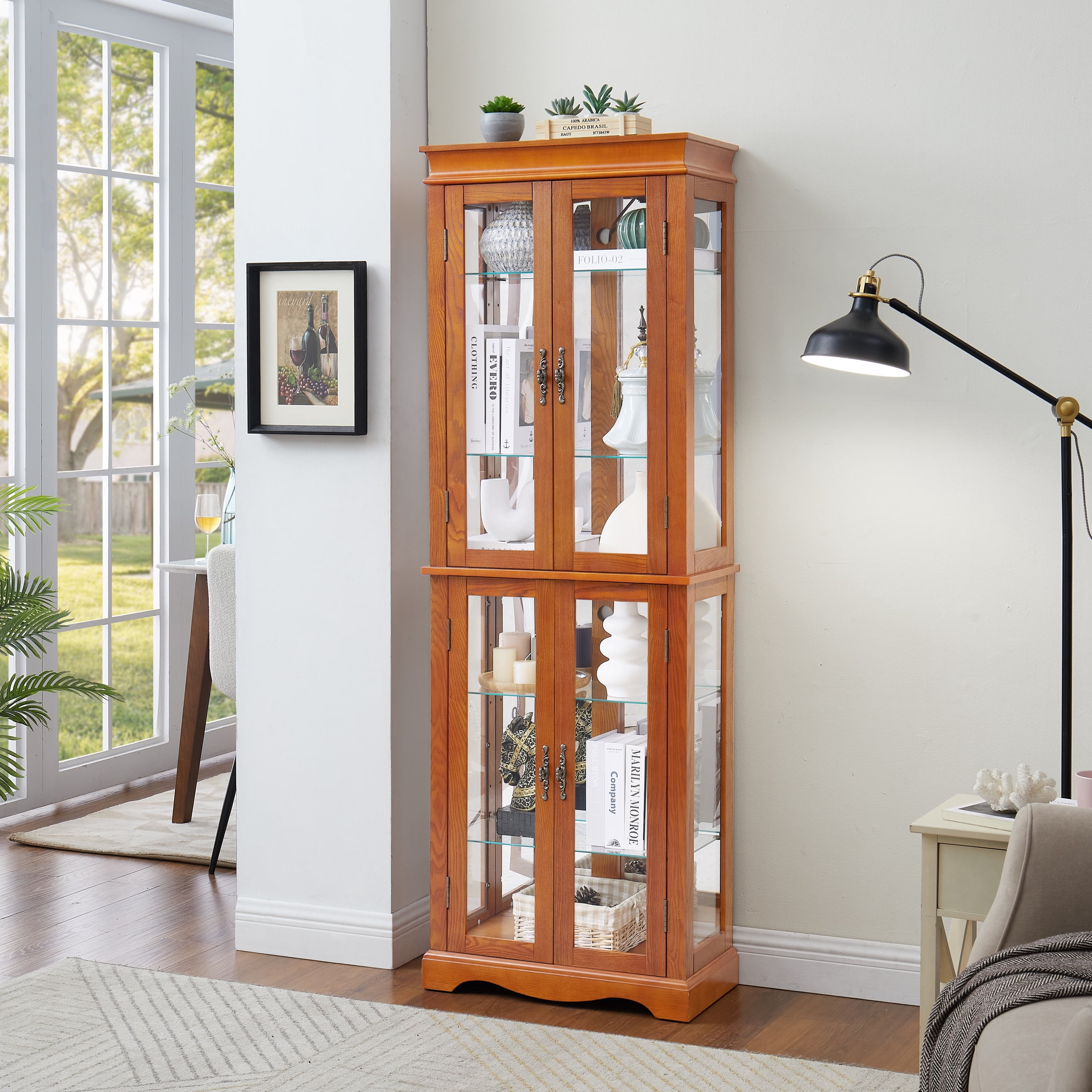 Noble House Wrenhill 70" Lighted Glass Curio Display Cabinet, 6-Tier Adjustable Shelves Wood Frame, Kitchen, Dark Oak