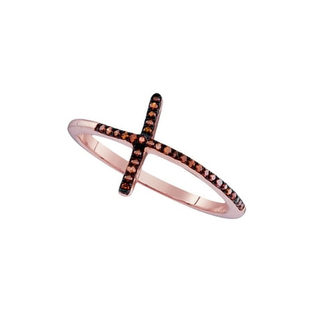 Set Round Diamond Cross - Size - 7 - Solid 10k Rose Gold Round Red Diamond Prong Set Cross Fashion Ring (1/10 cttw)