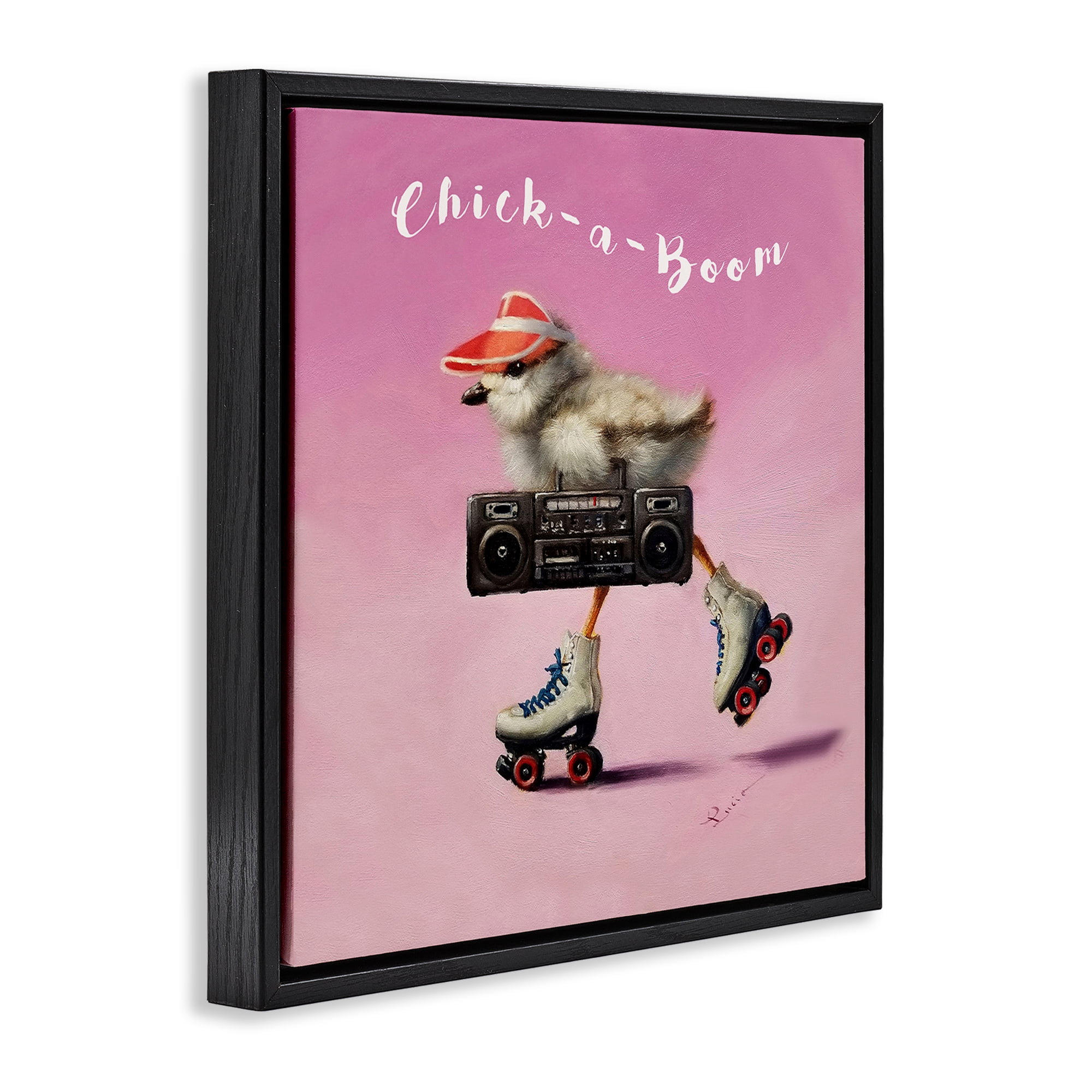 Stupell Industries Chick-A-Boom Boombox Bird Animals Painting Black Floater Framed Canvas Art Print Wall Art, 18 x 18