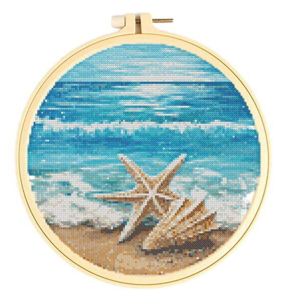 Easy Cross Stitch Kits for Starter Kits Starfish on Beach DIY 11CT Pre-printed Patterns Embroidery Needlepoint Cross Stitching Needlework Kit Set Supplies with Hoop 38x38cm