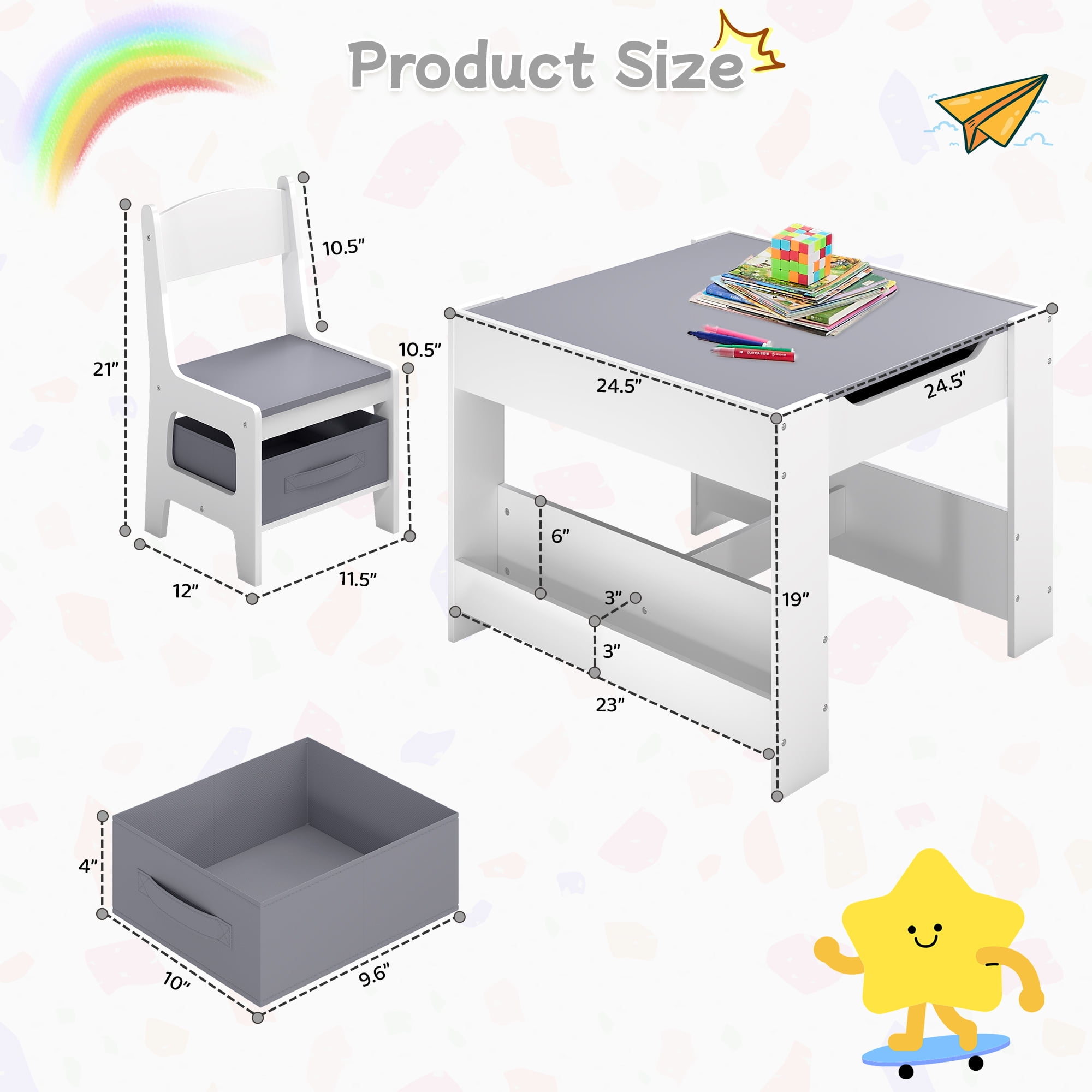 Kids Table and Chair Set, 3 in 1 Wooden Activity Table with Detachable Tabletop, Toddler Table and Chair Set with Storage Drawer, Kids Play Table for Children Art, Craft, Eating, Learning