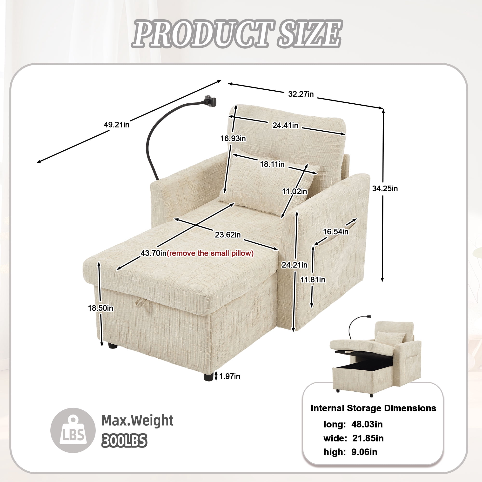 Aukfa Storage Chaise Lounge Single Sofa with Phone Holder and Pillow for Living Room Bedroom, Chenille, Beige
