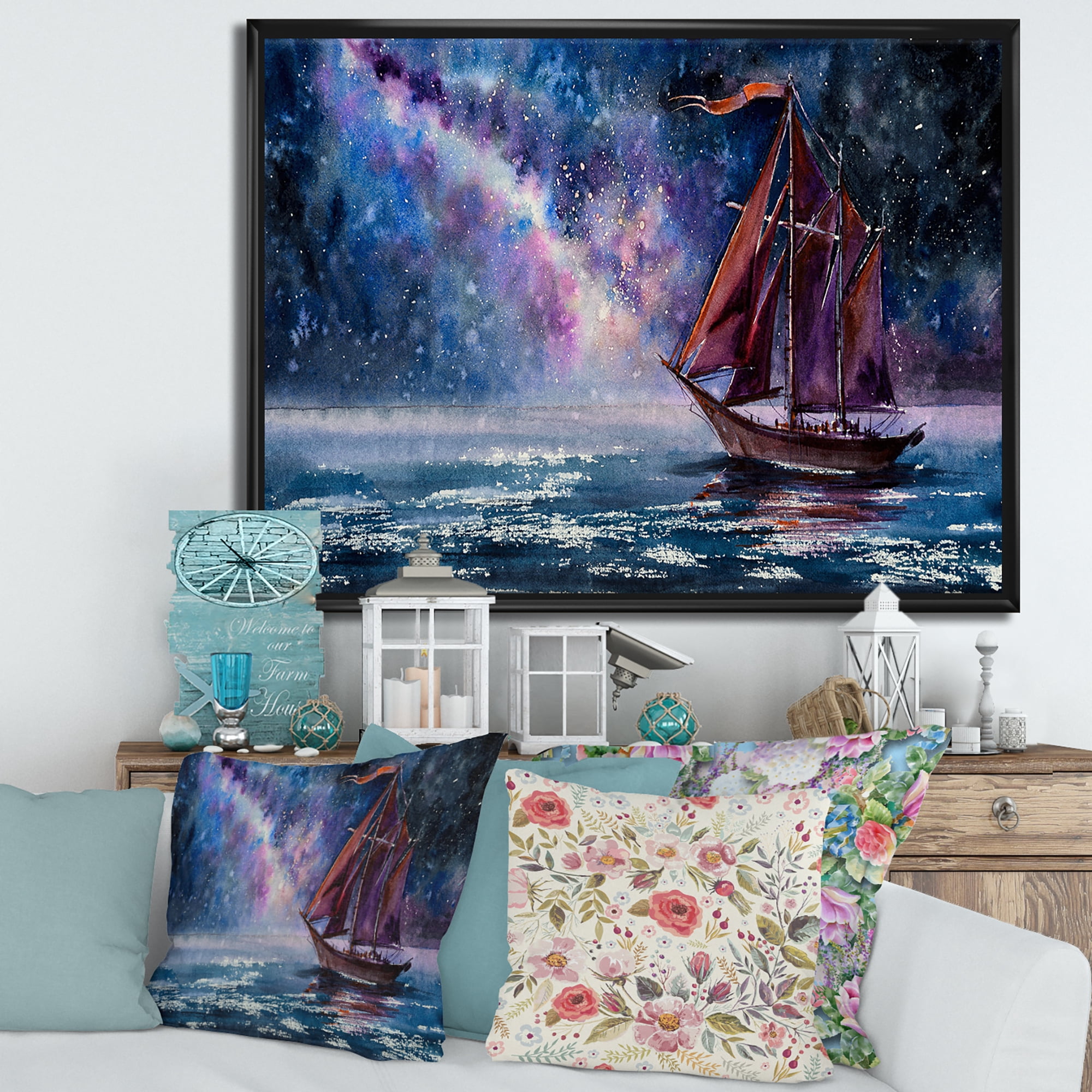 Designart 'Red Sails & Bright Night Sky With Wooden Sailboat' Nautical & Coastal Framed Canvas Wall Art Print