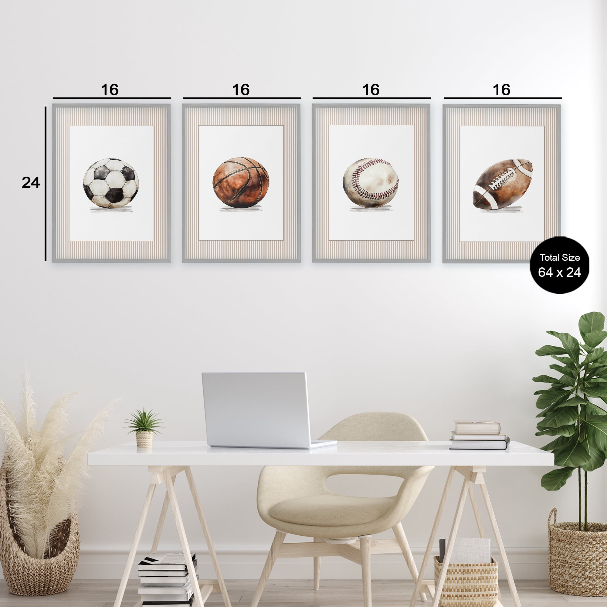 Stupell Industries Vintage Sports Beige Stripes 4 Piece Gray Framed Giclee Art Set, design by Christine Simpson Art