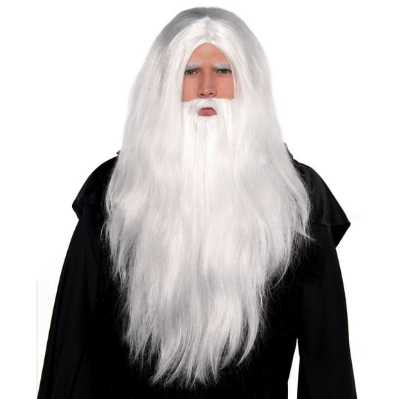 amscan Wise Old Wizard Warlock Costume Beard 3pc Wig & Beard Set, White, One-Size