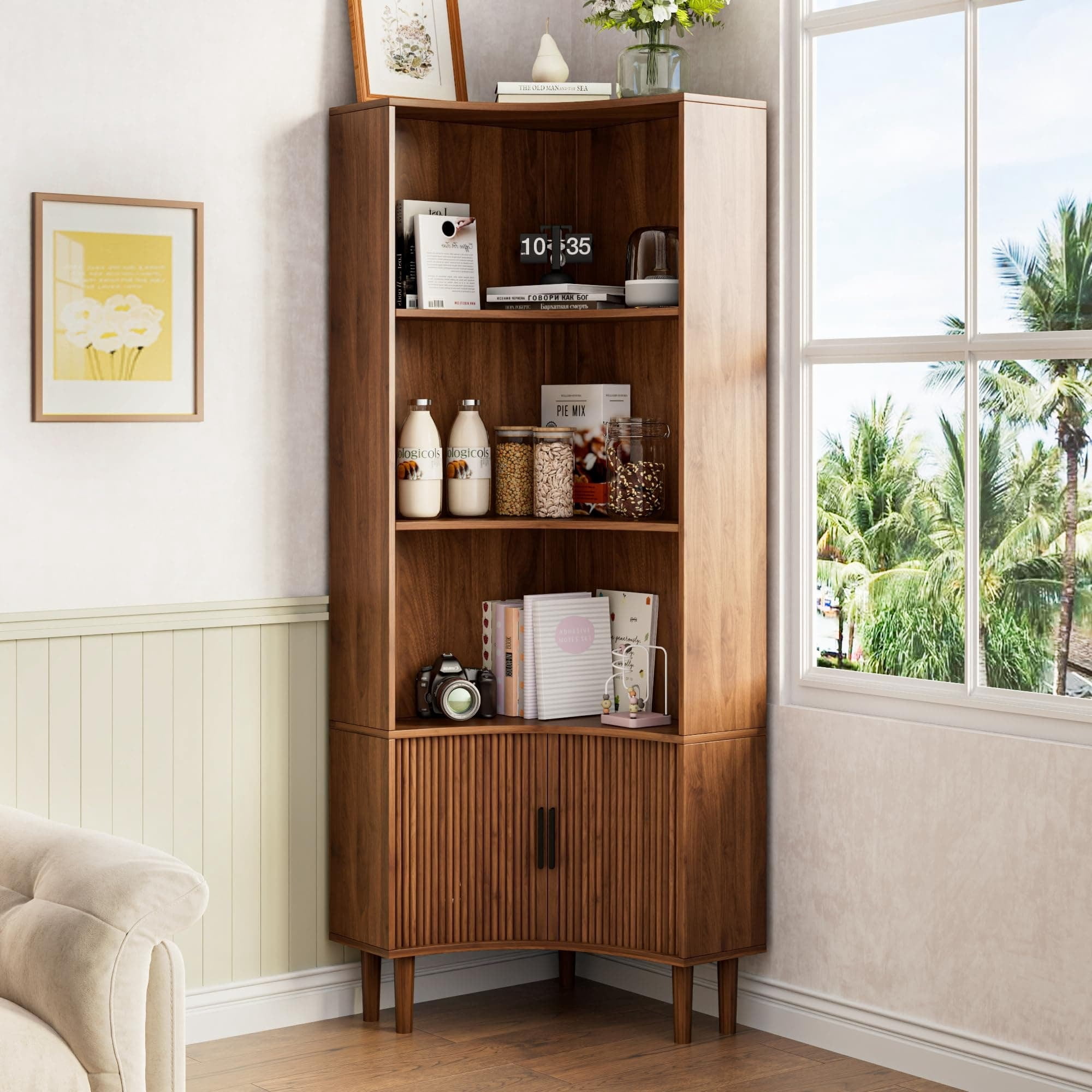 67" Tall Fluted Corner Cabinet with Sliding Doors, Modern Wood Freestanding Storage Organizer