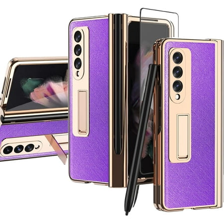 Compatible Luxury Stand Case for Samsung Galaxy Z Fold 3 Case with S Pen Holder Hinge Protection,Leather Cover with Front Screen Protector Phone Case for Samsung Galaxy Z Fold 3 5g Case Purple
