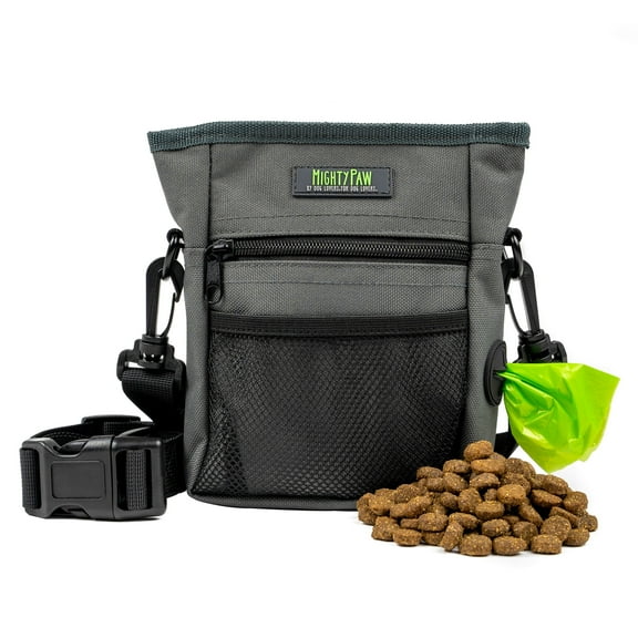 Mighty Paw Dog Treat Pouch 2.0, Hands-Free Snack Bag With strap, Holds 2 Cups Kibble, Magnetic Clasp and Waist Belt Clip, Includes 1 Roll of Poop Bags, Green/Grey, 7" x 2.5" x 5".