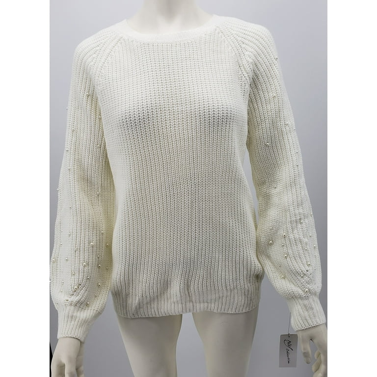 NY Collection Womens Pearl Embellished Balloon Sleeve Sweater Size L White