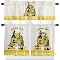 3 Piece Gnome Truck Sunflower Kitchen Curtains, Tier and Valance Rod Pocket Window Curtains Set Rustic Farm Yellw Plaid Cafe Curtains for Kitchen Valances Window Treatment 54X18in 27x24in×2