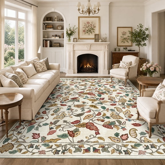FelixKing 8'x10' Area Rugs for Living Room Bedroom, Vintage Botanical Leaves Traditional Rug, Machine Washable Non-slip