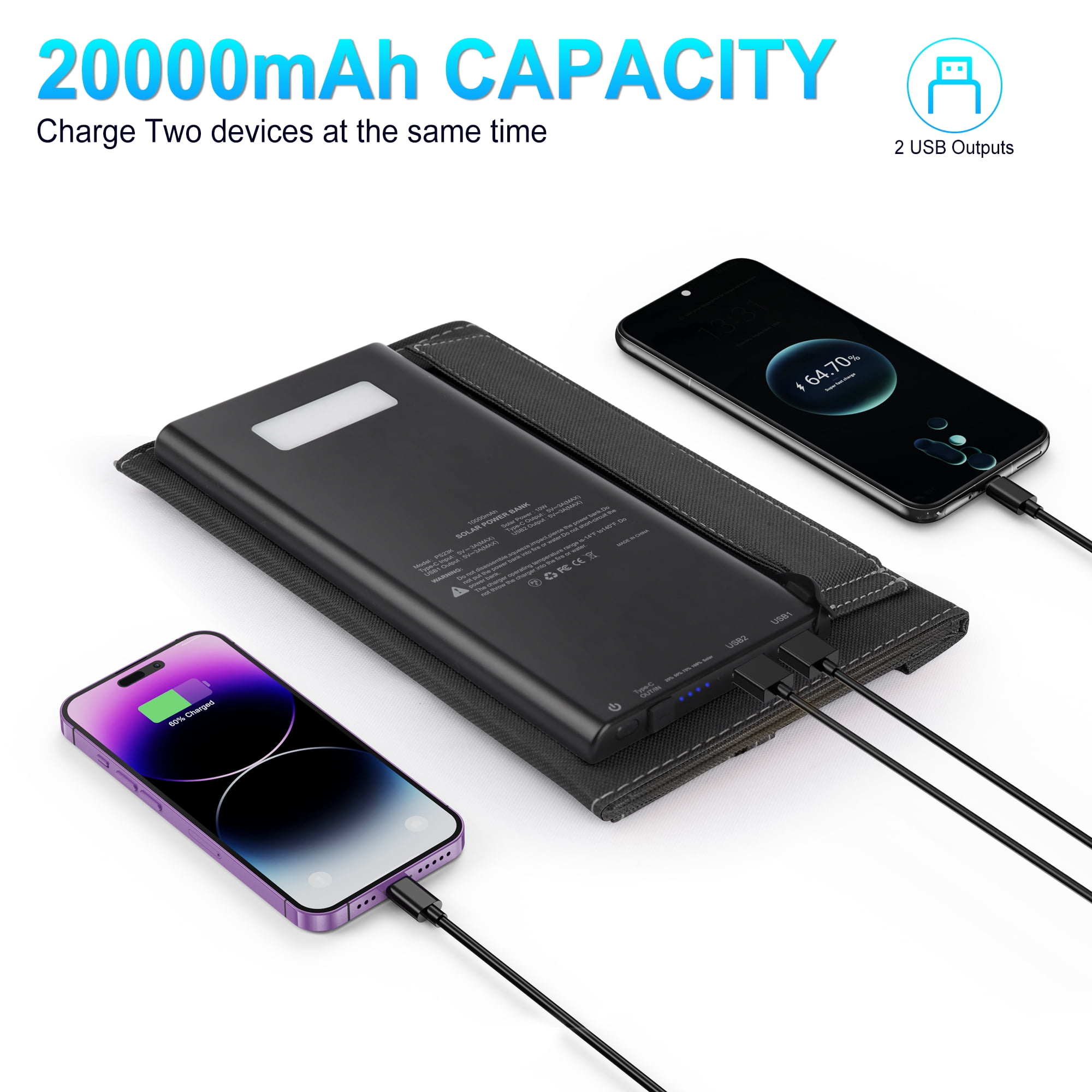 OWNTECH Solar Charger, 20000mAh Outdoor Waterproof Portable Power Bank，5V USB Ports Output for Smartphones iPhone Tablets Outdoor Camping Hiking (Black)